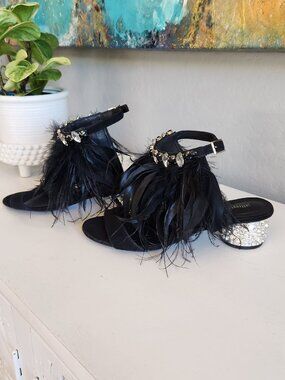 Jeffrey Campbell Feathers and Rhinestones Strappy Heels | Size 8